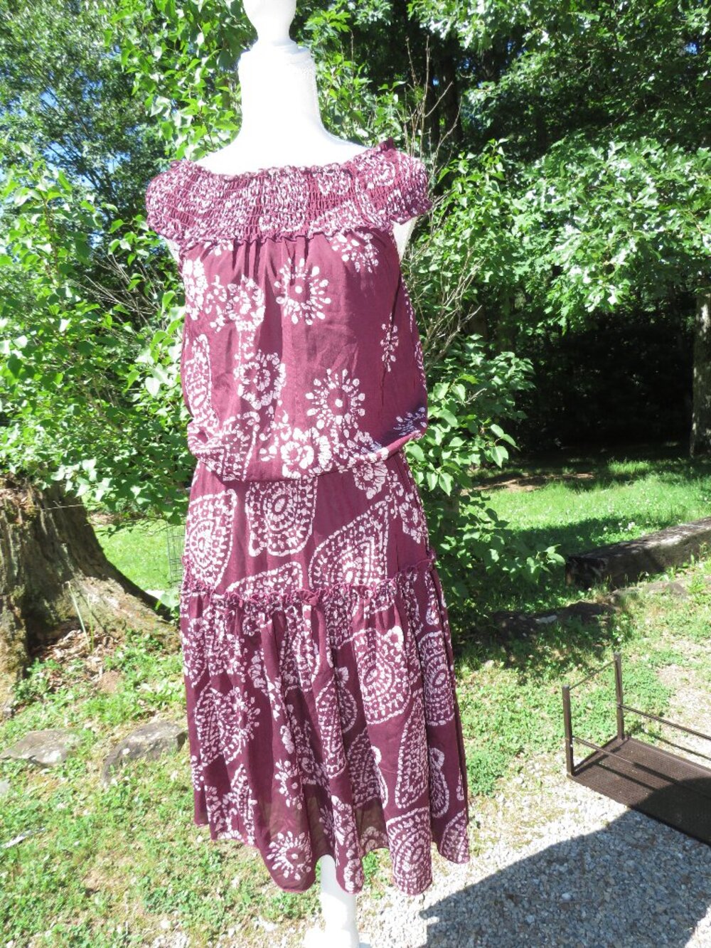 Boho Maroon Smocked Off‑Shoulder Maxi Dress Floral Block Print Cottagecore